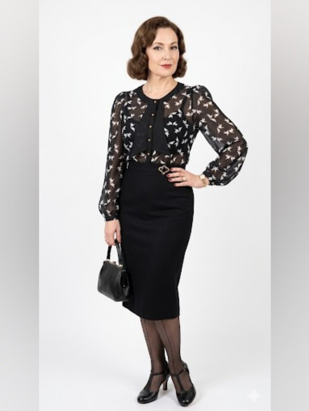 Vintage Small Sheer Bird Print Black Blouse with Tie Neck